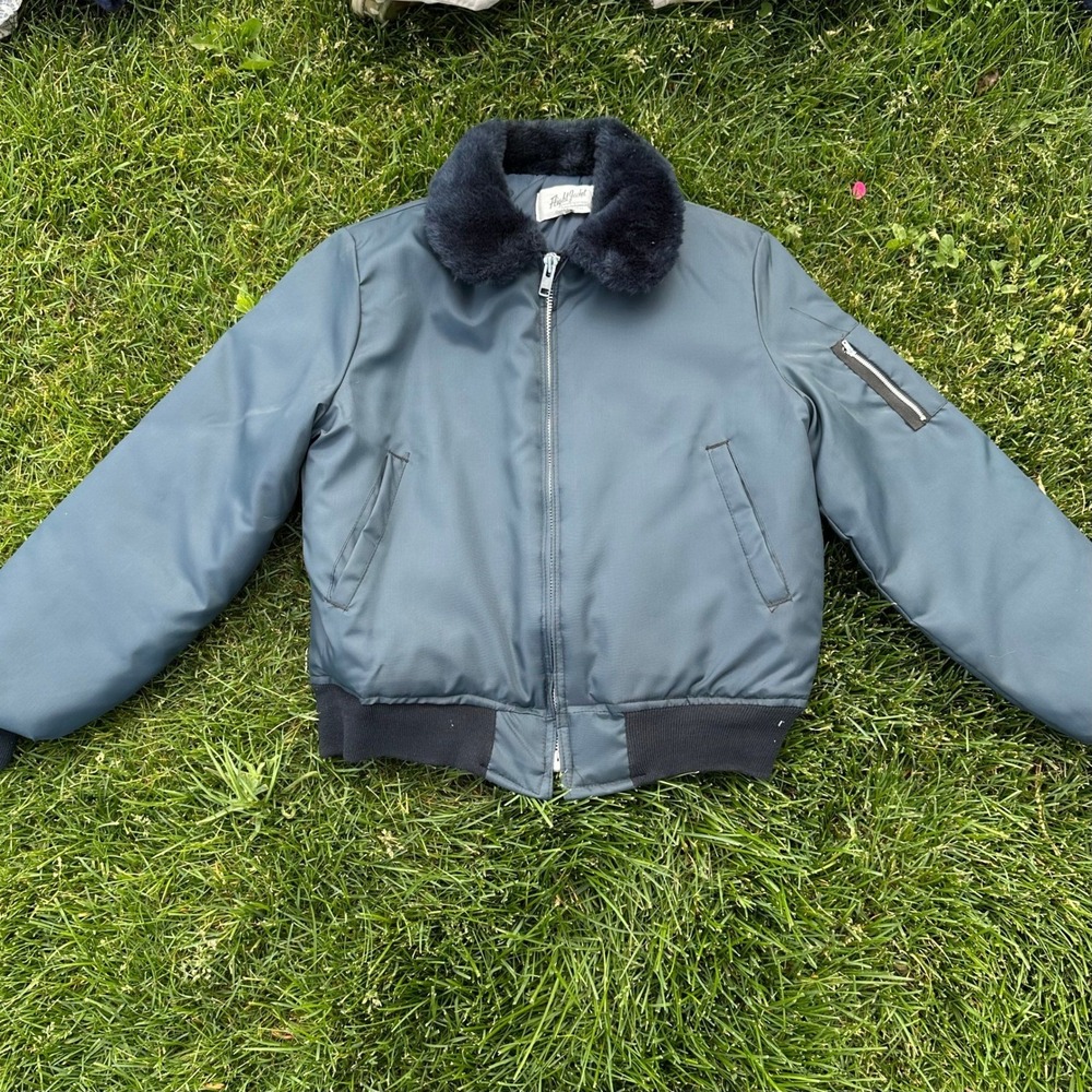 Vintage Flight Jacket Blue Nylon Bomber‎ Faux Fur Collar Quilted Lining Mens XL